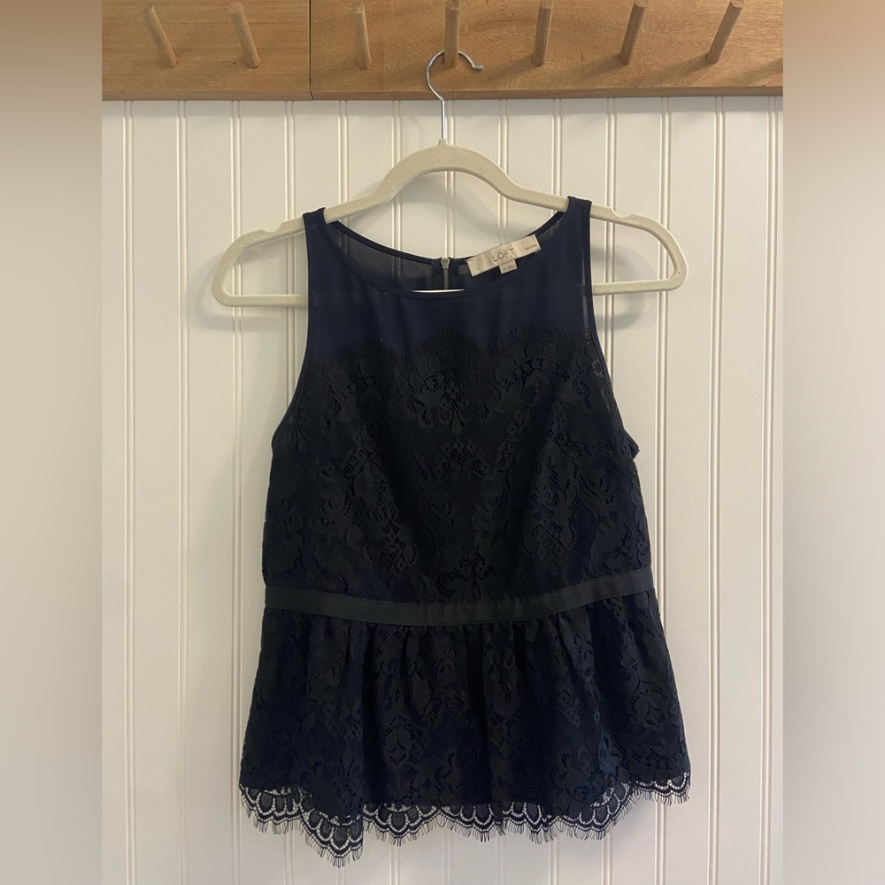 LOFT Mesh Lace Date Night Black Blue Zipper Back Sleeveless Blouse 4P
